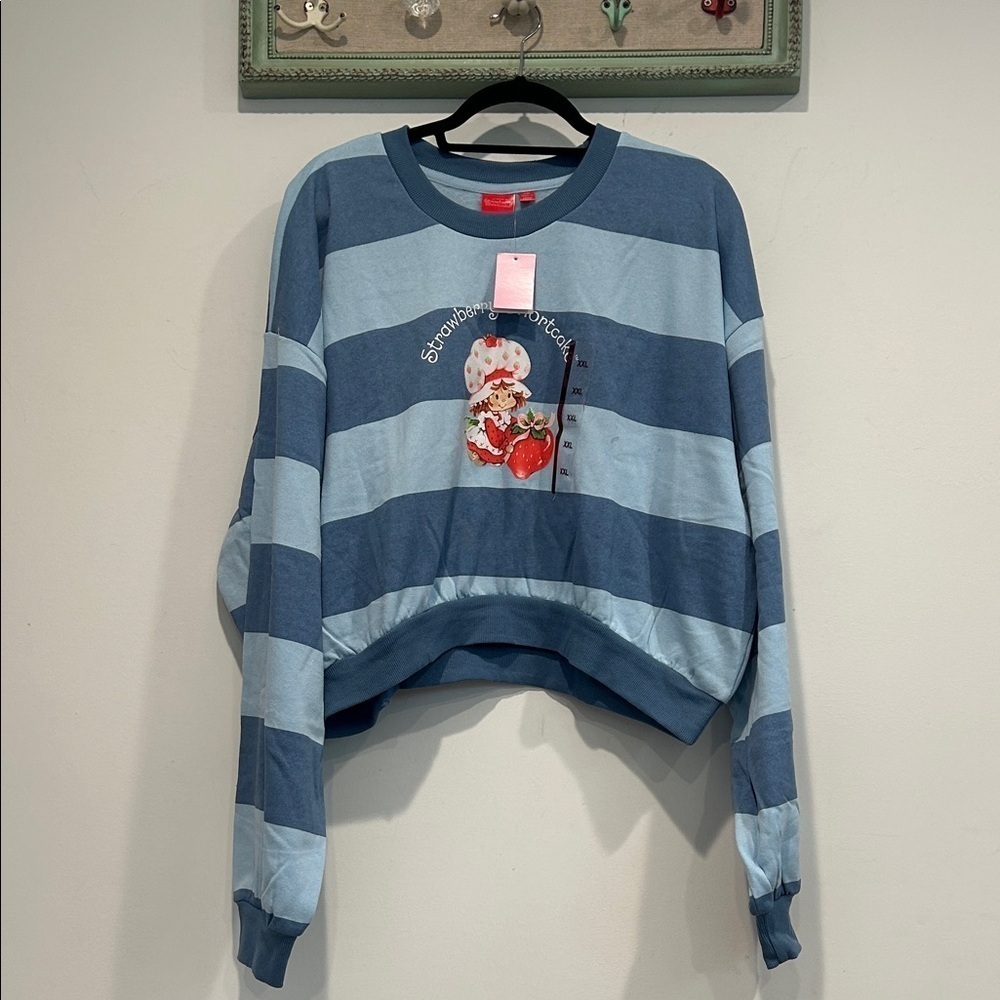 Striped blue strawberry shortcake slouchy crop pullover long sleeve sweatshirt